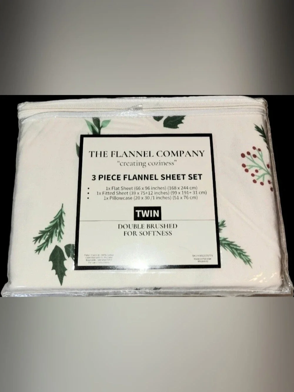 Twin 3-Piece Flannel Sheet Set in White with Green Leaf Print